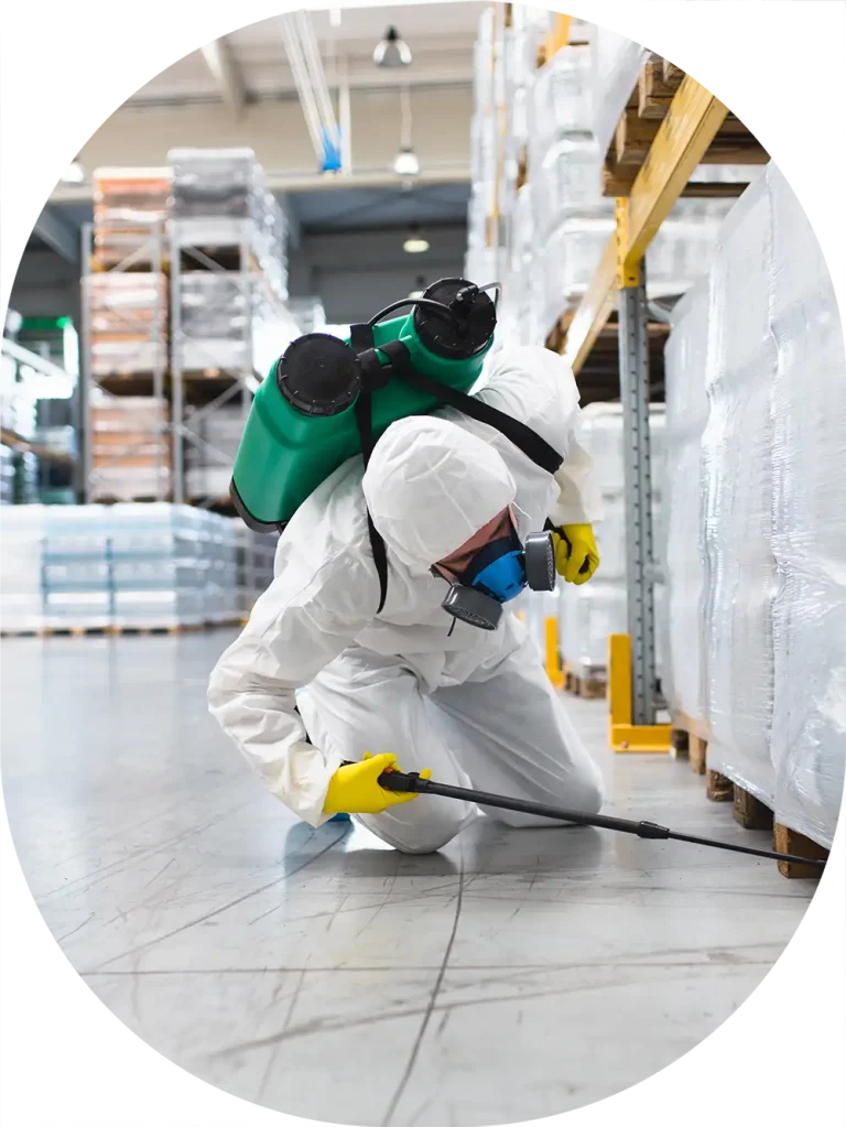 worker spraying underneath pallets