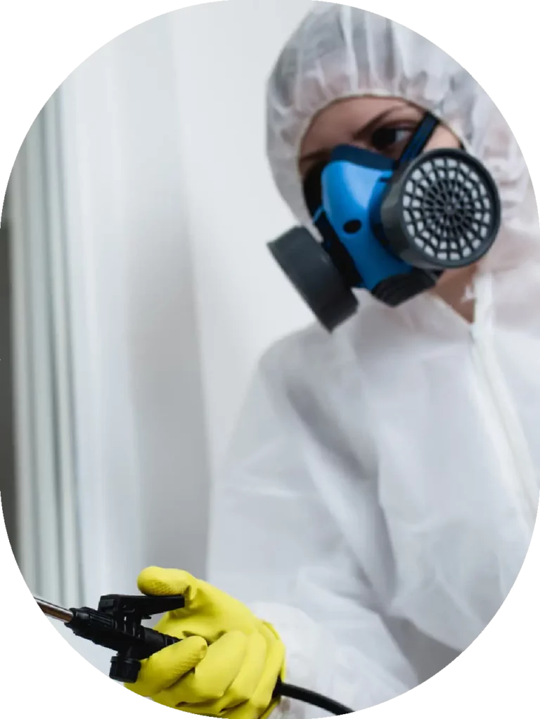 worker in a mask spraying