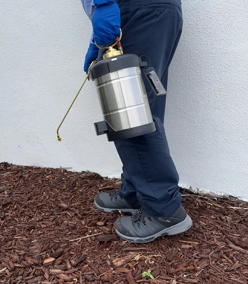close up of worker spraying the ground near a wall